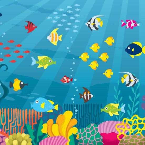 Billedet forestiller en tegning af en masse farvestrålende fisk i havet.