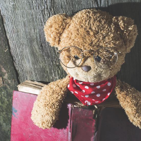 Billedet viser en bamse med briller og en bog