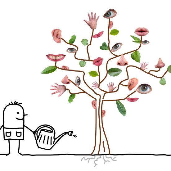 Billedet viser en stregtegnet figur med en vandkande i hånden ved siden af træ med ører, øjne og hænder som blade