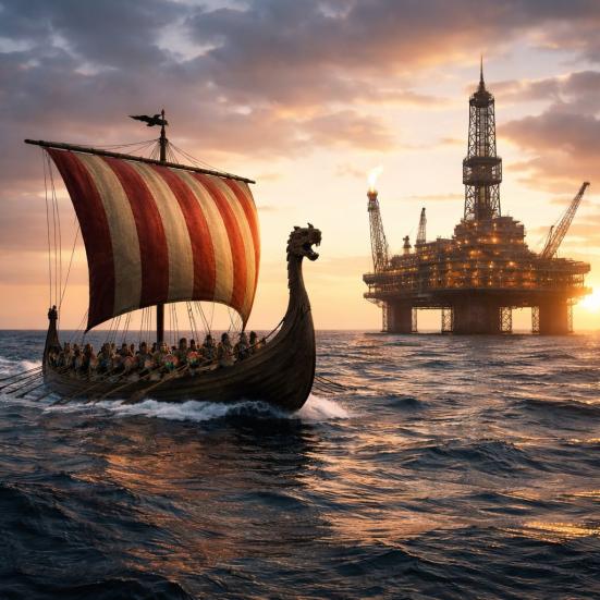 Billedet viser et AI-genereret vikingeskib med fulde sejl foran en boreplatform