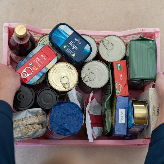 Billedet viser et par hænder, der holder en kasse med dåsemad og andre fornødenheder