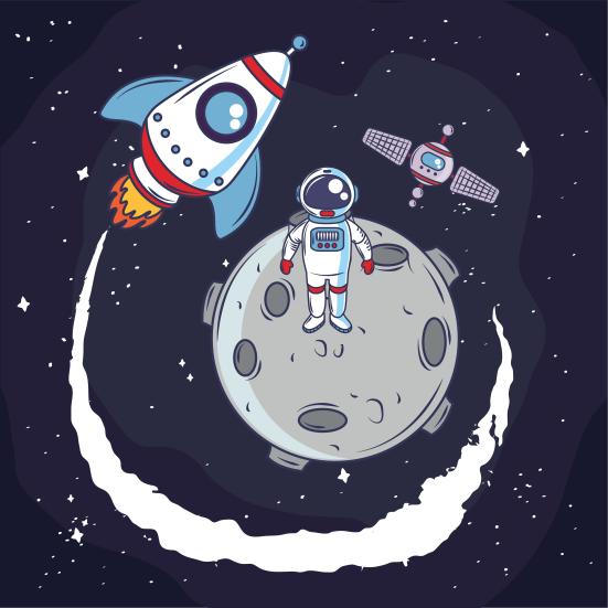 Billedet er en tegning af en astronaut omgivet af en planet, et rumskib og en satelilt