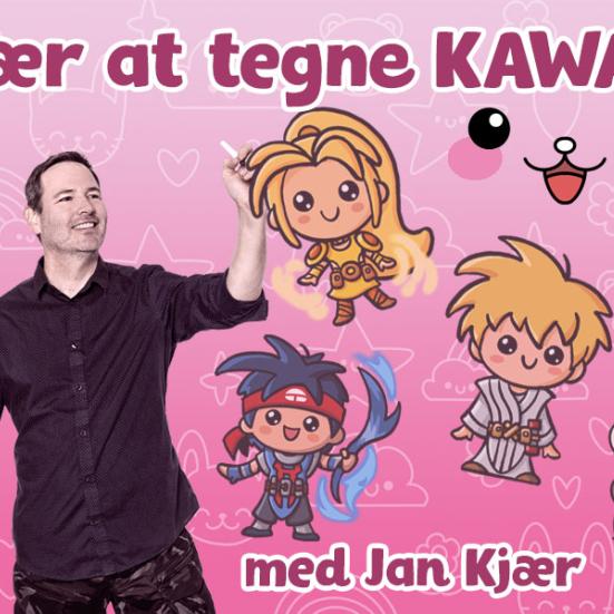 Billedet viser Jan Kjær omringet af forskellige manga-figurer på en lyserød baggrund