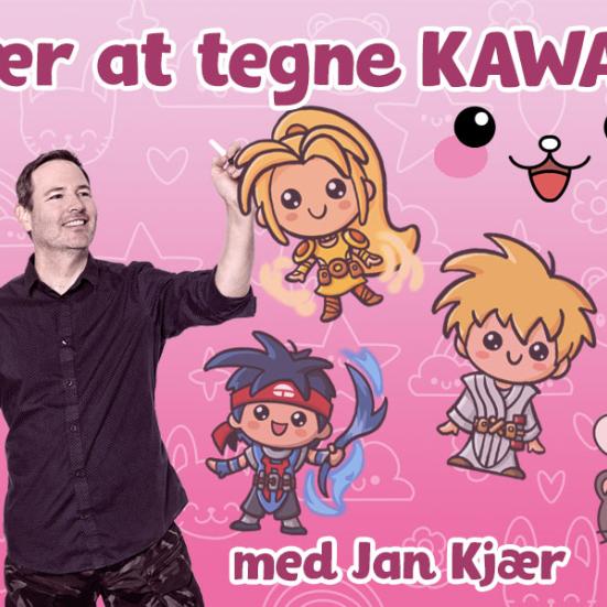 Billedet viser Jan Kjær omringet af forskellige manga-figurer på en lyserød baggrund