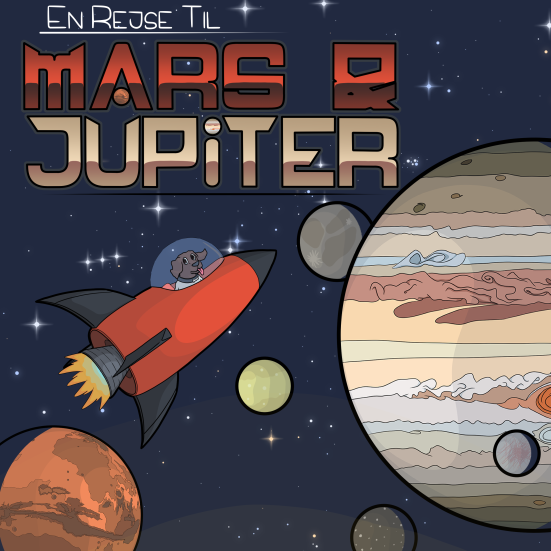 Billedet er en tegning af en rumraket på vej mod en stor planet