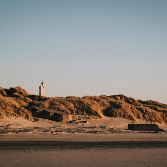 Billedet viser et klitlandskab set fra havet i et blødt aftenlys