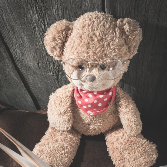 Billedet viser en bamse med briller og en bog