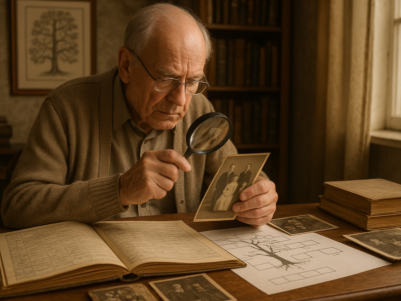 Billedet viser en ældre mand, der studerer et sort/hvid foto med en lup