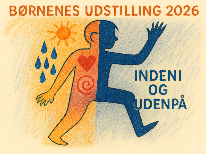 Tegningen viser konturerne af en person, der går. Højre side er blå, mens venstre side er lys orange. Teksten siger: Børnenes udstilling 2026, Indeni og udenpå