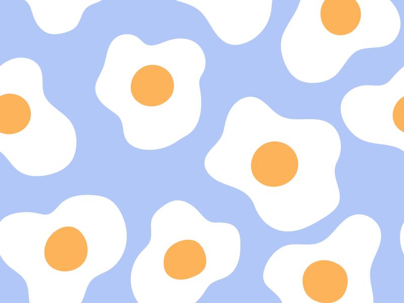 Billedet viser en masse tegnede spejlæg på en lyseblå baggrund