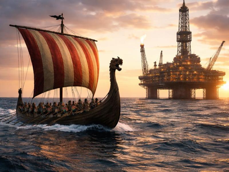Billedet viser et AI-genereret vikingeskib med fulde sejl foran en boreplatform