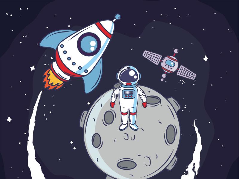 Billedet er en tegning af en astronaut omgivet af en planet, et rumskib og en satelilt