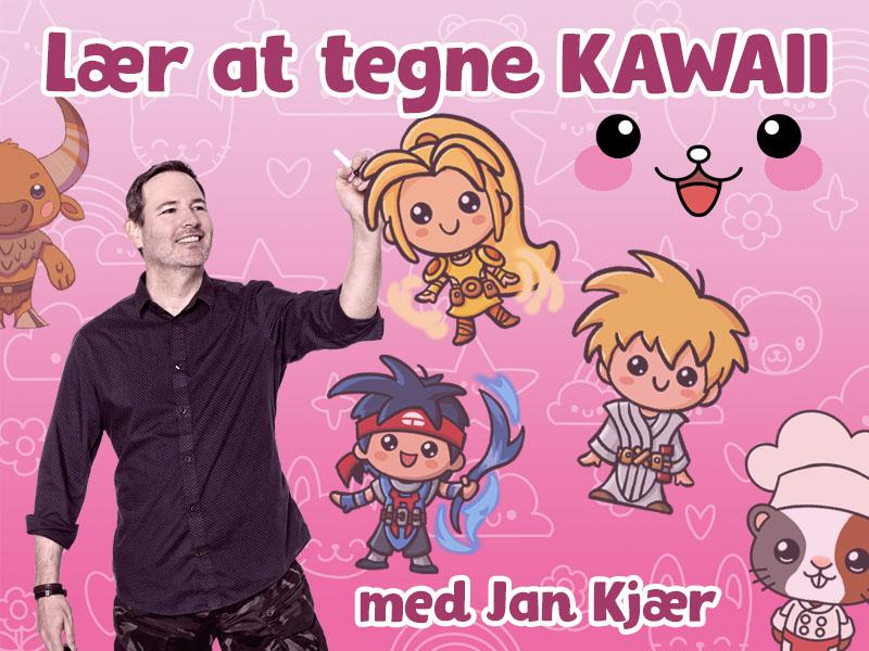 Billedet viser Jan Kjær omringet af forskellige manga-figurer på en lyserød baggrund