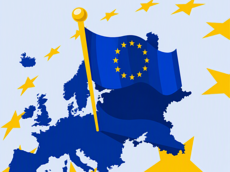 Tegningen viser EU-flaget på en baggrund af et landkort og gule stjerner