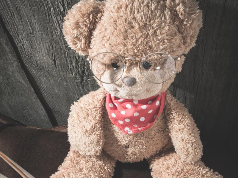 Billedet viser en bamse med briller og en bog