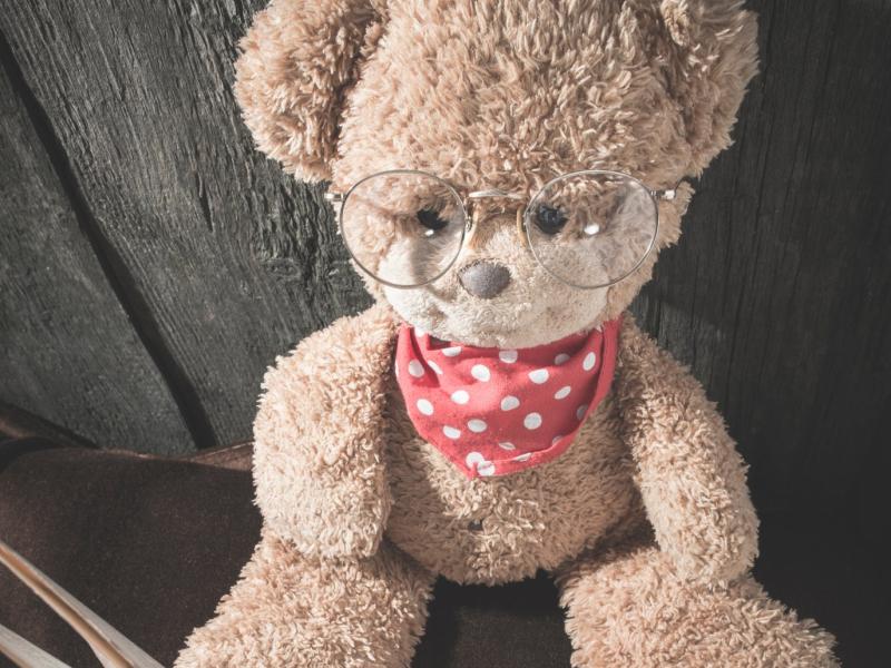 Billedet viser en bamse med briller og en bog