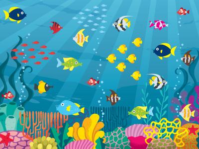 Billedet forestiller en tegning af en masse farvestrålende fisk i havet.