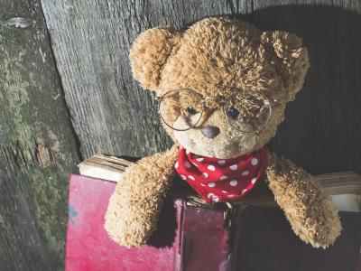 Billedet viser en bamse med briller og en bog