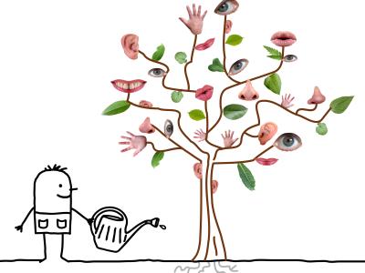 Billedet viser en stregtegnet figur med en vandkande i hånden ved siden af træ med ører, øjne og hænder som blade