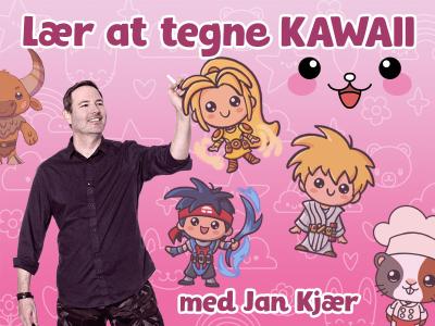 Billedet viser Jan Kjær omringet af forskellige manga-figurer på en lyserød baggrund