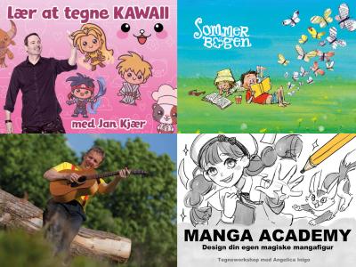 Collagen viser fire illustrationer til Sommerbogen, Krible-Krable koncert og manga-tegning