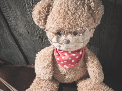 Billedet viser en bamse med briller og en bog