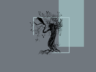 Grafik af vissent træ med sort fugl