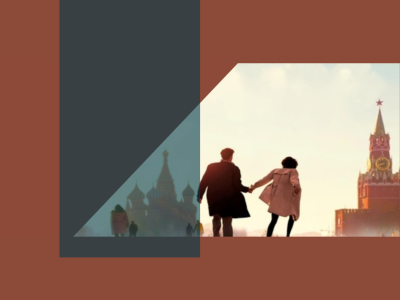 illustration af par set bagfra, der holder i hånden foran russiske bygniger