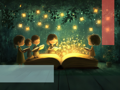 Tegning af børn rundt om stor fortryllet bog