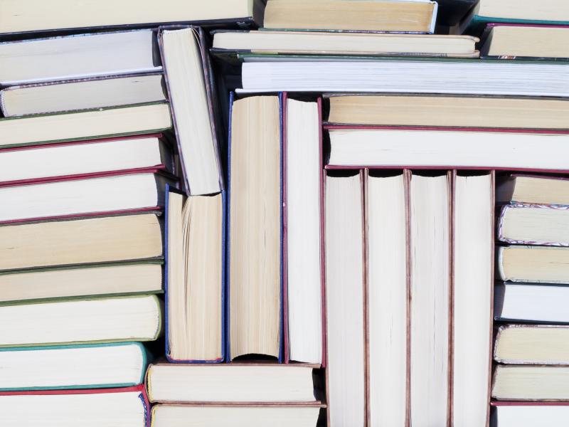 Billedet viser en masse bøger set fra siden