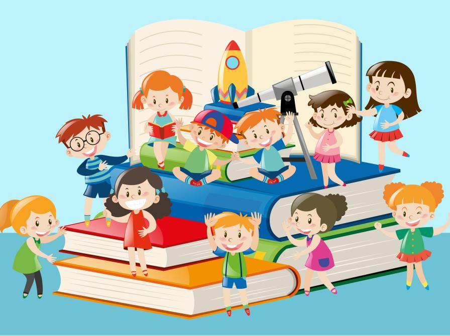 En masse glade tegnede børn der kravler på store bøger 