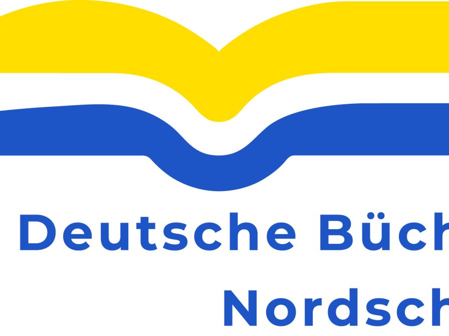 Billedet viser et logo bestående af en gul og en blå streg i form af en bog