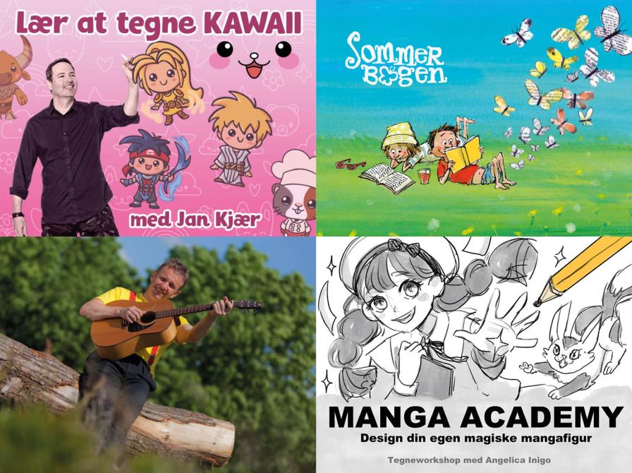 Collagen viser fire illustrationer til Sommerbogen, Krible-Krable koncert og manga-tegning