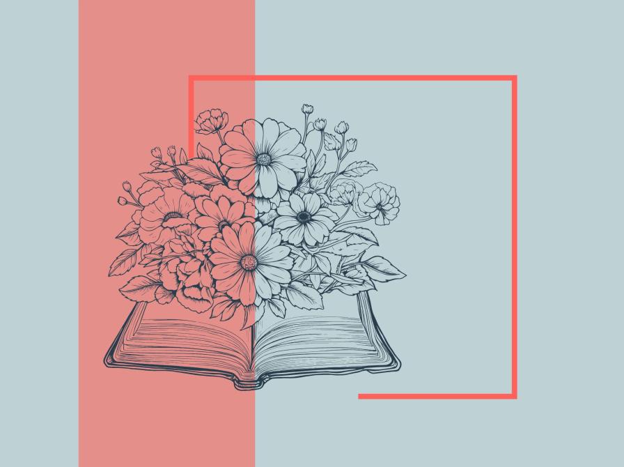 Stregtegning af blomster, der vokser op fra en åben bog i et grafisk design.