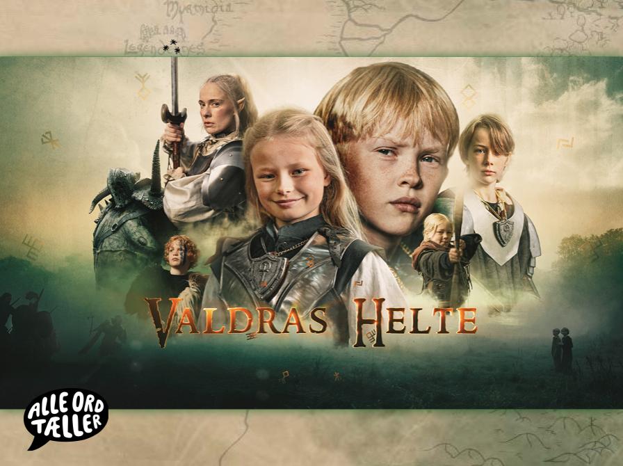 PRessefoto om tv-serien Valdras Helte. Man ser en række af de medvirkende i en kollage på en fantasyagtig baggrund. Nederst i venstre hjørne ses en talebobl med ordene "Alle ord tæller" på.