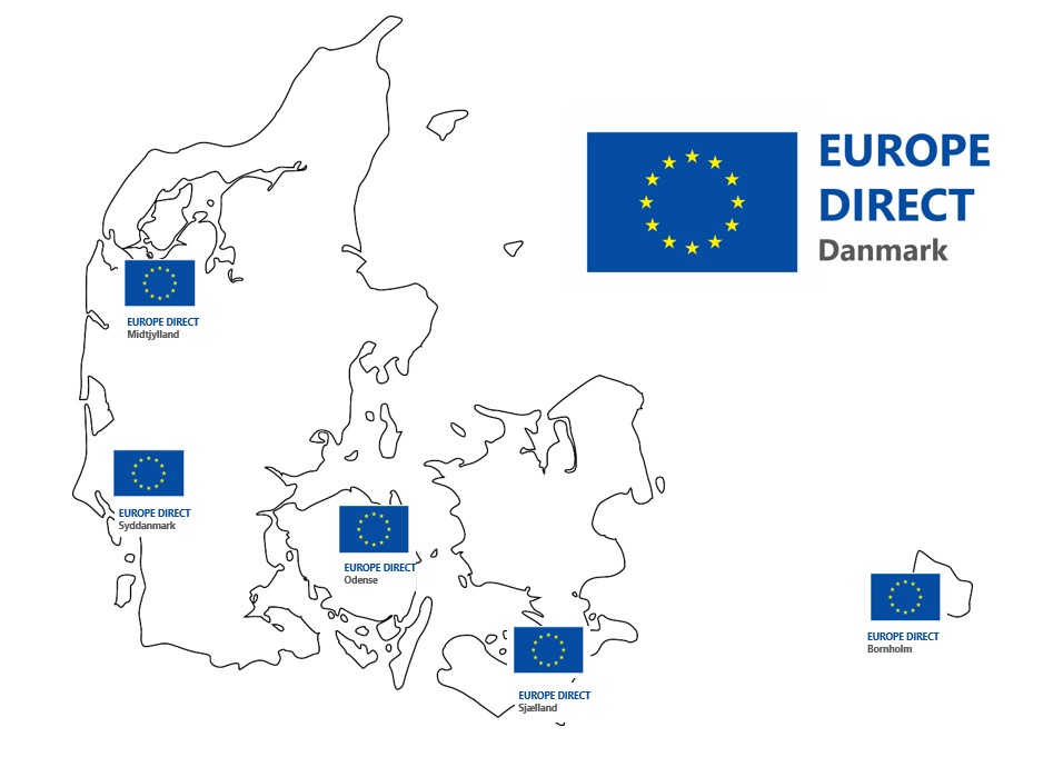 Danmarkskort med placering af steder med EUROPE Direct