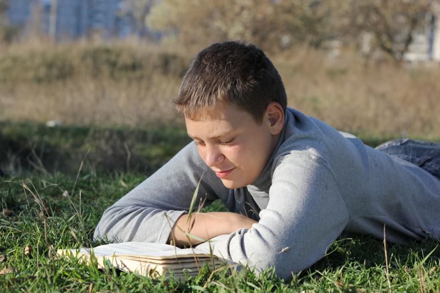 Billedet forestiller en dreng i grå trøje. Han ligger på maven i græs og læser i en bog.
