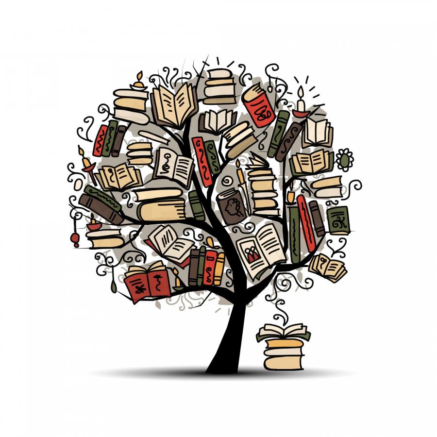 Billedet forestiller en tegning af et træ, hvor kronen er fyldt med bøger.