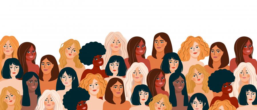 Billedet er en tegning af adskillige kvindeansigter med forskellige hudfarver.