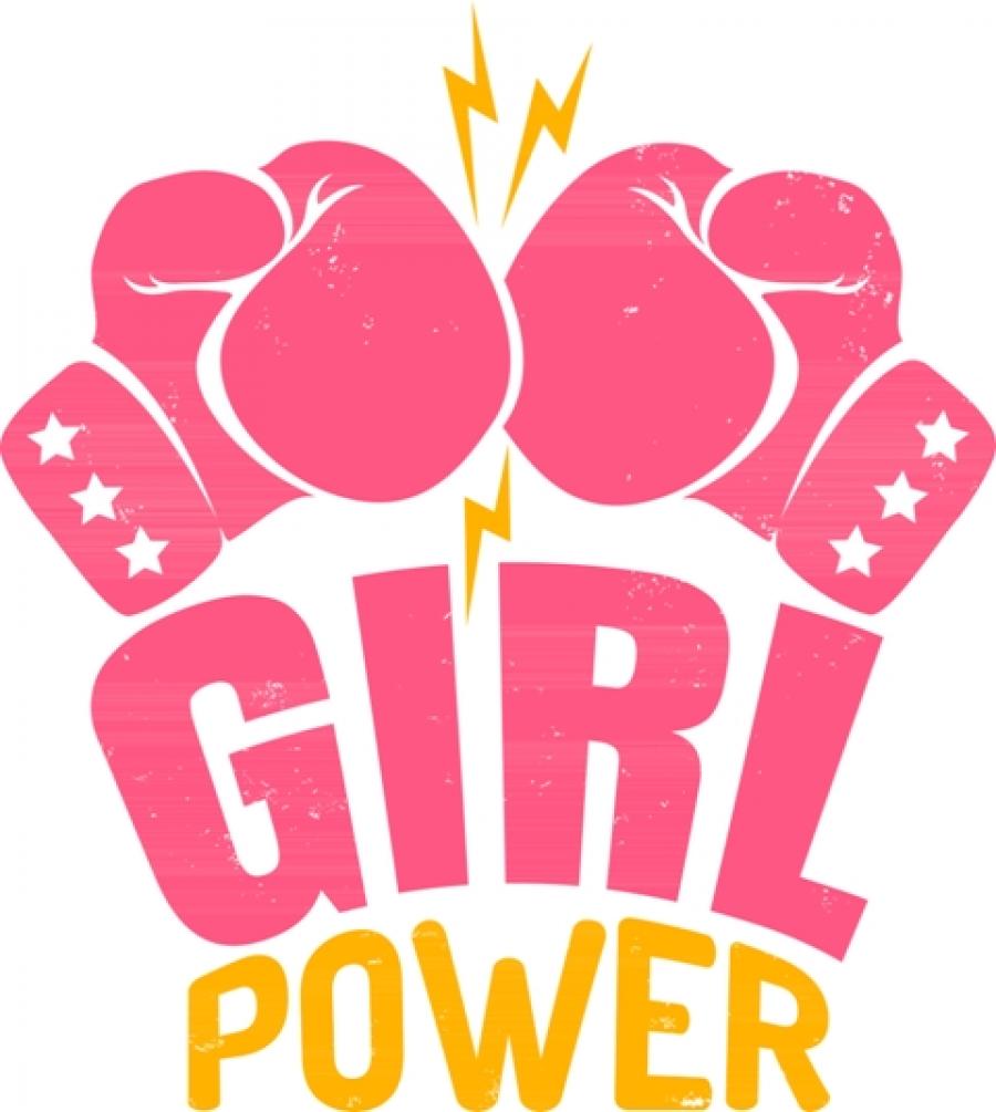 Et billede af et par lyserøde bokserhandsker og teksten Girl Power.
