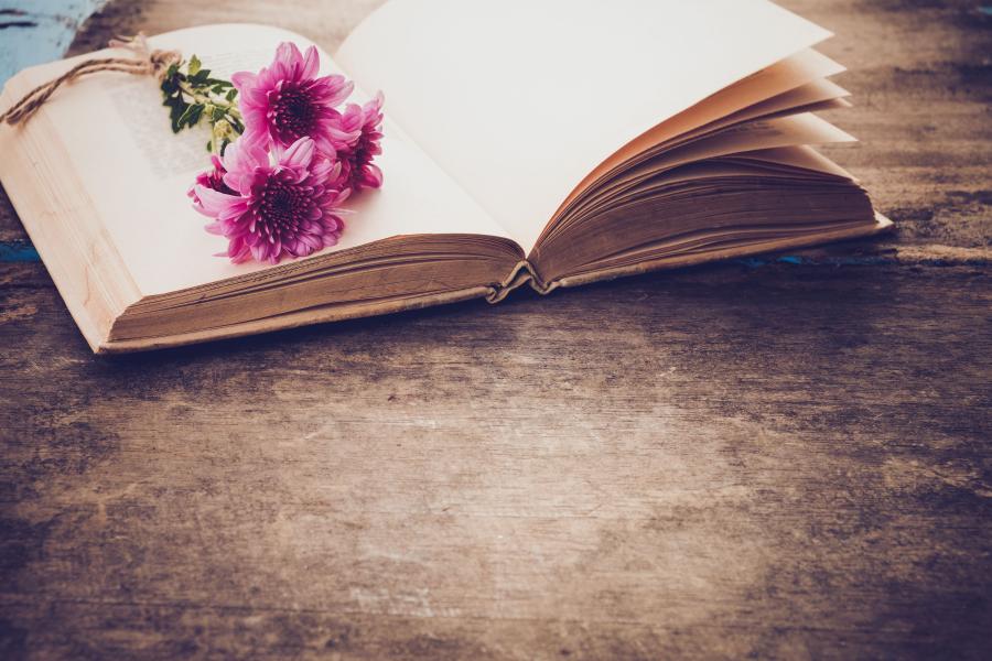 Billedet forestiller et nærbillede af en grov bordplade. På pladen ligger en ældre bog opslået. På bogen ligger nogle lyslilla blomster.