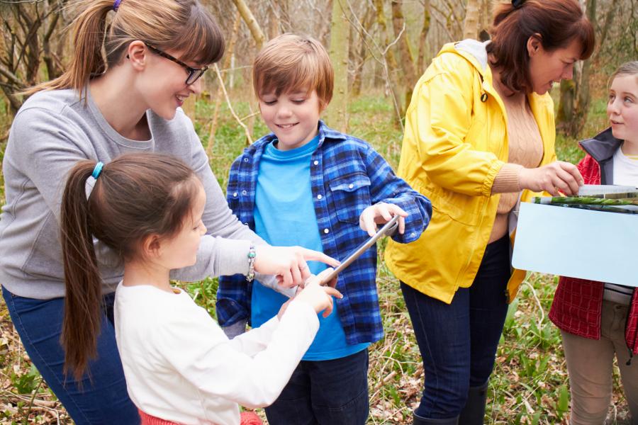 Børn og voksne i naturen kigger på en tablet og undersøger naturen